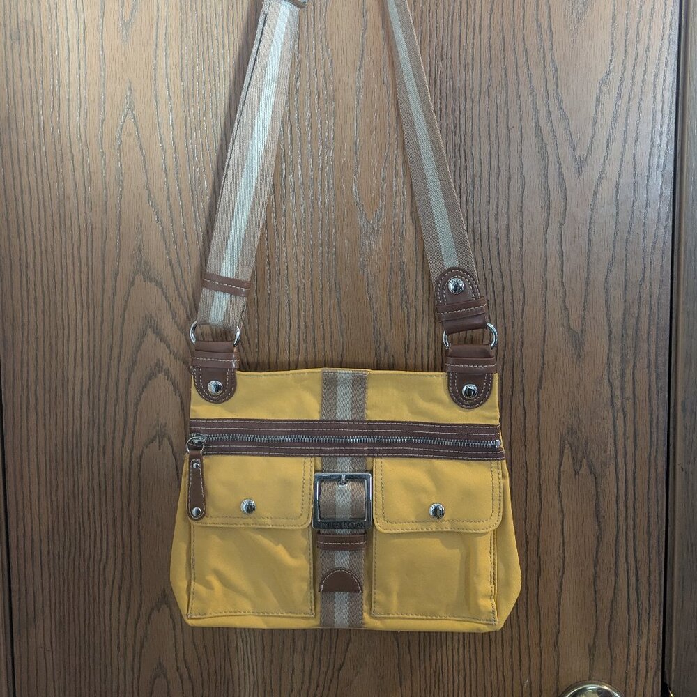 Tyler Rodan Zip Crossbody Bag Gold & Brown with Adjustable Strap-9 X 11.5"